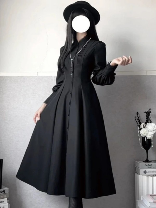 Hepburn France Style Gothic Lolita Dark Black Elegant A Line Dress Vintage Club
