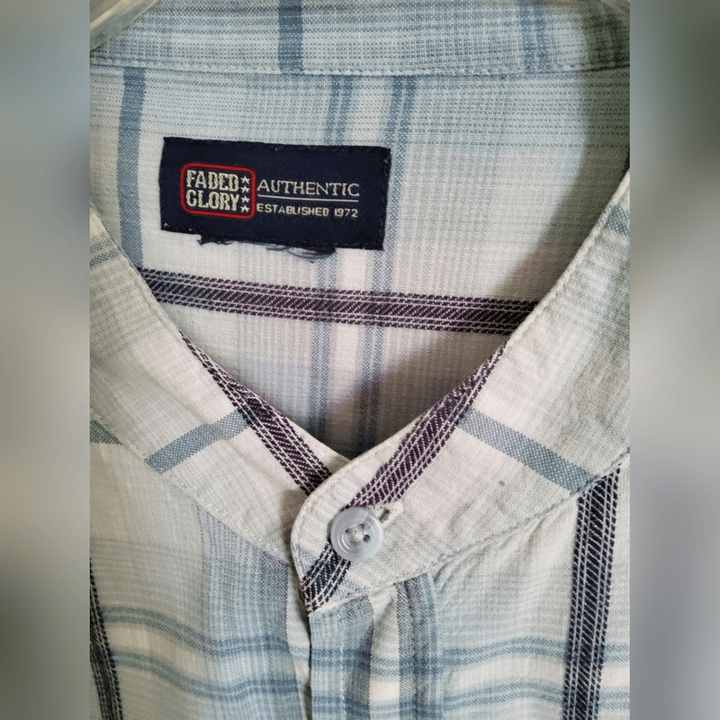 M2 FADED Glory Blue Plaid Men's Button Up Shirt w Band Collar & Long Sleeves gallery