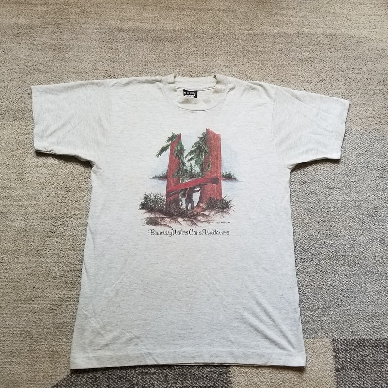 Vintage Boundary Waters Canoe Wilderness Shirt Mens M Gray Screen Stars USA 80s