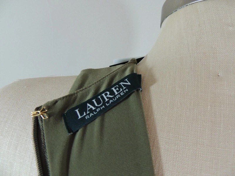 $140 Ralph Lauren A-Line Halter Neck Jersey Ruffled Dress Olive Petite P M PM gallery