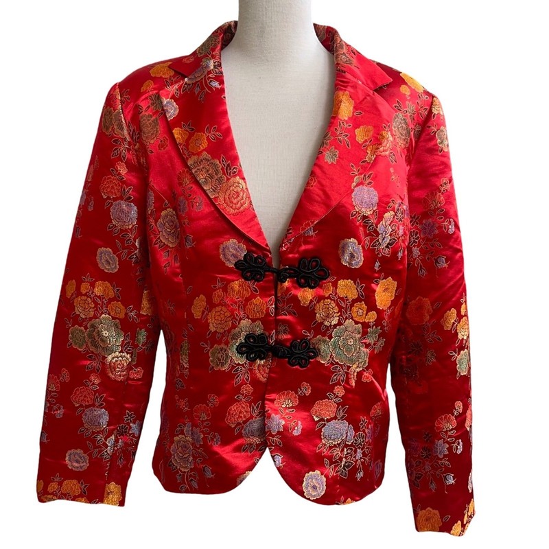 Boston Proper Red Floral Brocade Blazer Jacket Mandarin Frog Closure Women’s 12