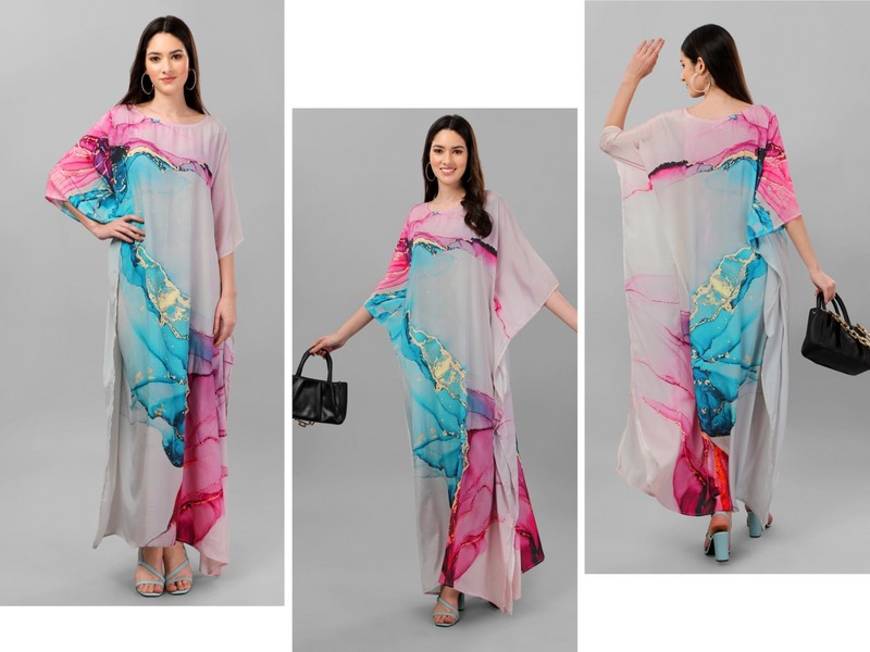 Digitally Printed Feather Silk Kaftan Dress - 01 Free Shipping gallery