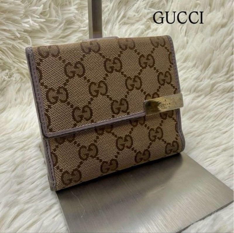 Rare GUCCI Tri Fold Wallet Beige Purple Gucci Ladies GG Pattern