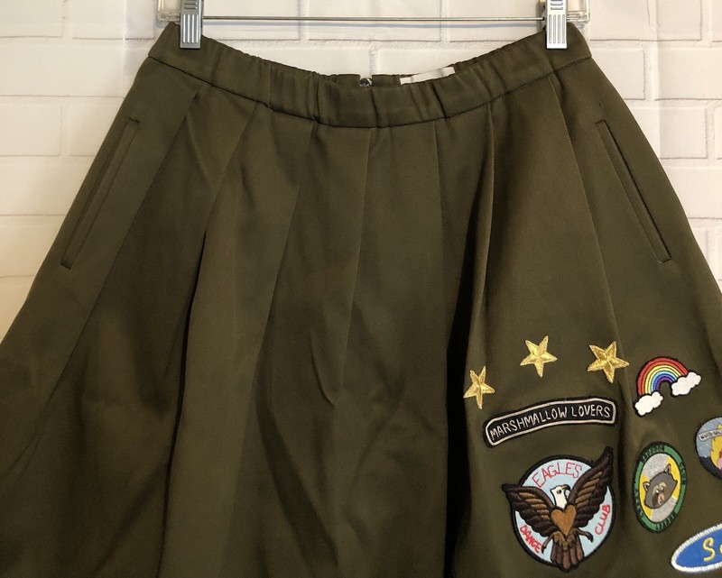 Mira Mikati Skirt Womens 4 Green Embroidered Scout Patches Pockets Elastic Waist gallery