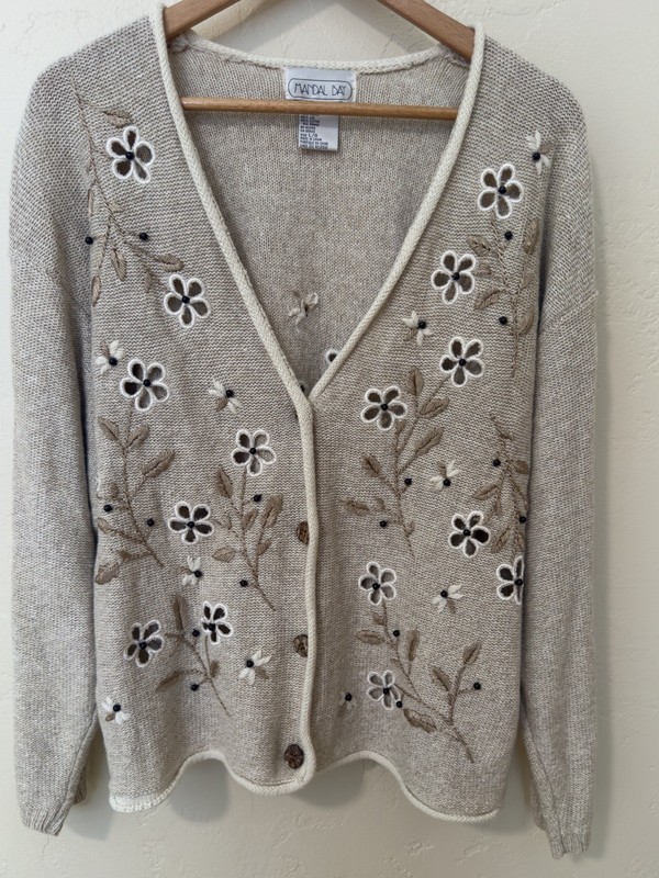 Mandal Bay Vintage Womens Biege Floral Cardigan Beaded Linen Blend Flaw Sz Lg