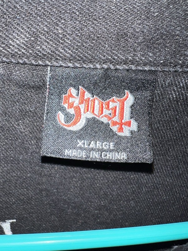 Ghost Men’s Black Denim Jacket XL Button Front Embroidered Logo Pockets Band gallery