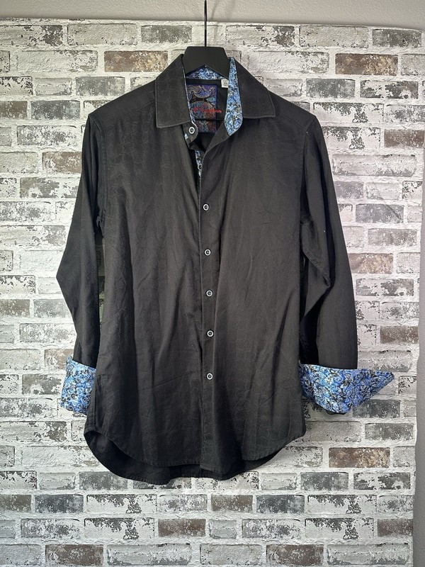 Robert Graham Men’s XS Tailored Fit Black Paisley Trim Dress Shirt Flip Cuff
