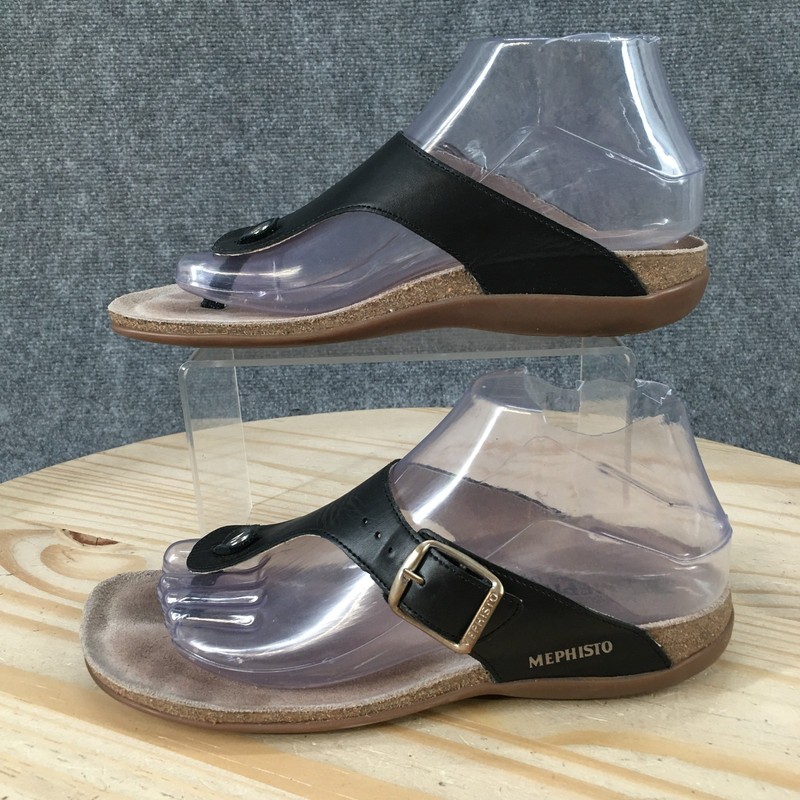 Mephisto Helen Sandals Womens 38 Black Waxy Leather Thong Adjustable Buckle