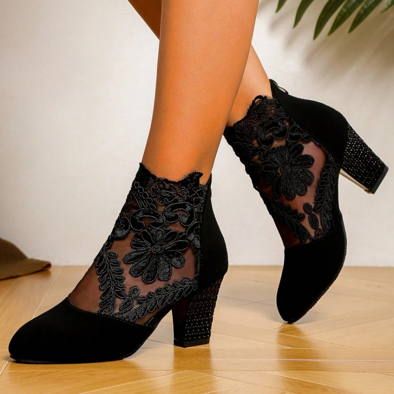 Floral Print Lace Ankle Boots Back Zipper Square Round Toe High Heels for Women gallery