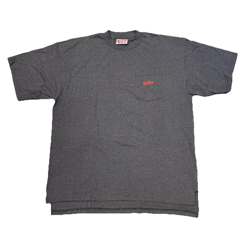 Vintage Marlboro Unlimited Pocket Tee T-Shirt Micro Stripe Mens L/XL Black Grey