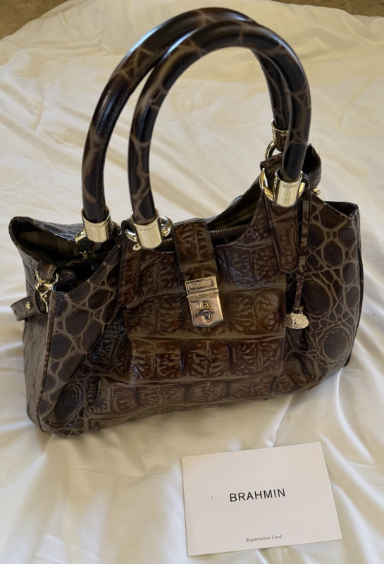 Brahmin Brown Crocodile Satchel Top Handle Bag Detachable Strap Turn Lock Zip