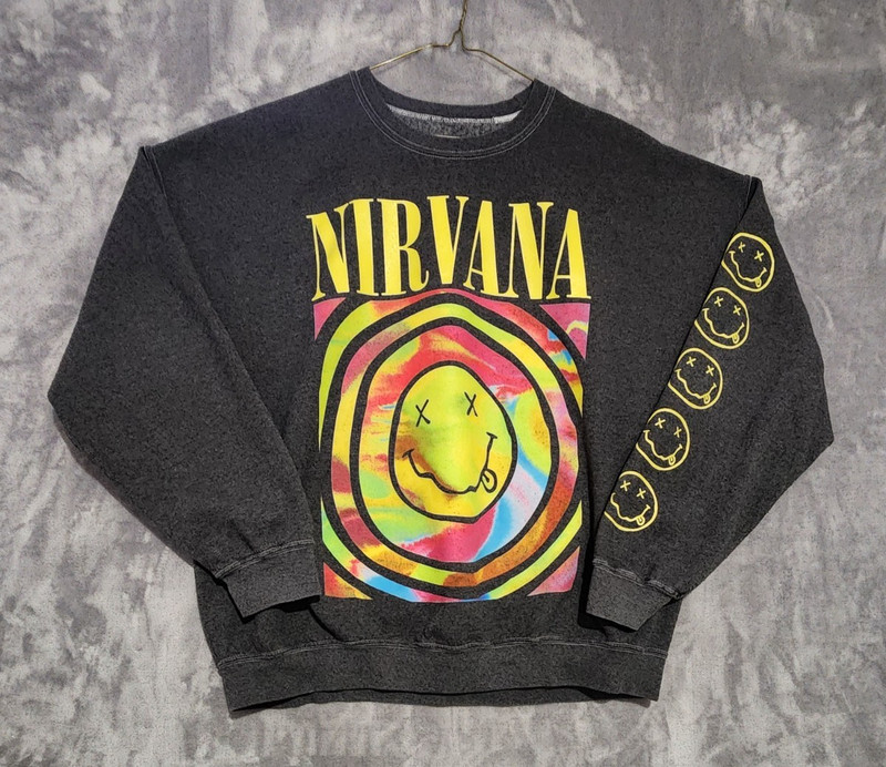 Nirvana Crewnect Sweatshirt Smiley Face Graphic Charcoal Gay S/M Band Merch