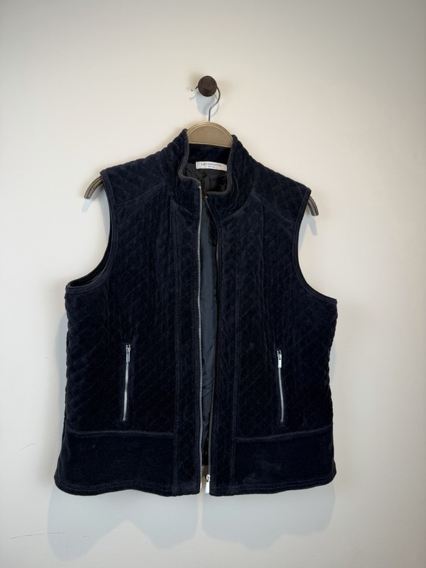 Liz Claiborne Vest Womens Petite Large PL Black Quilted Velour Full Zip Pockets