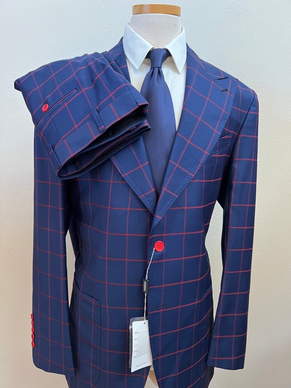 Blue with red windowpane super 150 Cerruti wool suit