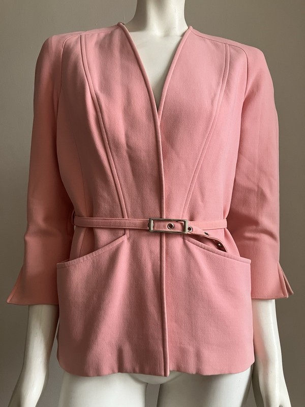 Thierry Mugler Vintage 2000s Pink Belted Jacket Size S Sculpted Tailored Blazer gallery