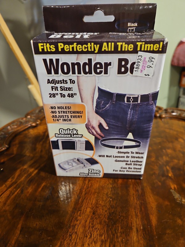 WONDER BELT LEATHER BLACK ZINC ALLOY BUCKLE NEW ADJ 28″ TO 48″ TEKNO TEK208 BOX.
