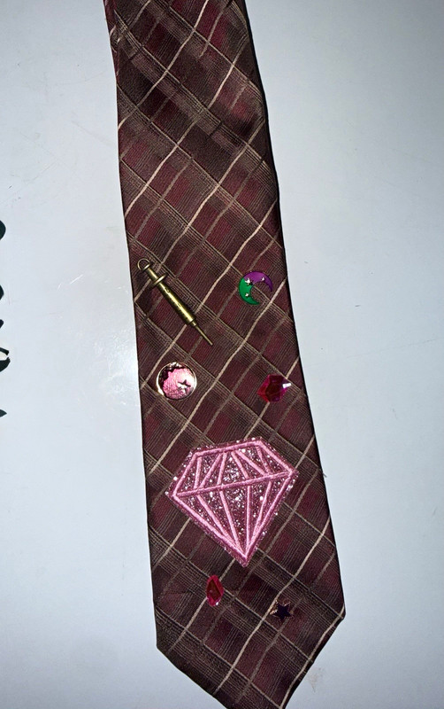 Men’s Brown Plaid Necktie with Pink Embroidered Diamond Accents One Size