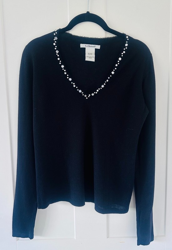 LK Bennett Black Fine Knit Crystal V-Neck Sweater – Size Medium (UK 8/10)