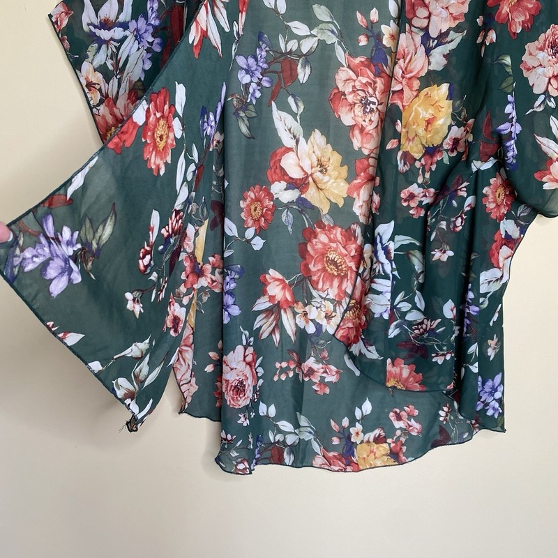 Emory Park Kimono Women 1XL Green Floral Sheer Chiffon Open Front Wrap Boho gallery