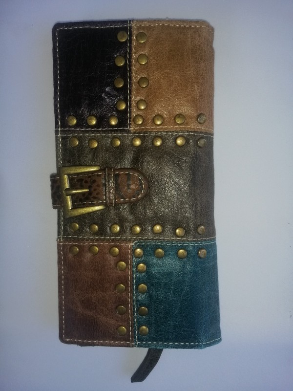 Milfeni Women Long Wallet Patchwork Leather Gold Studs Boho Buckle Pre-Owned