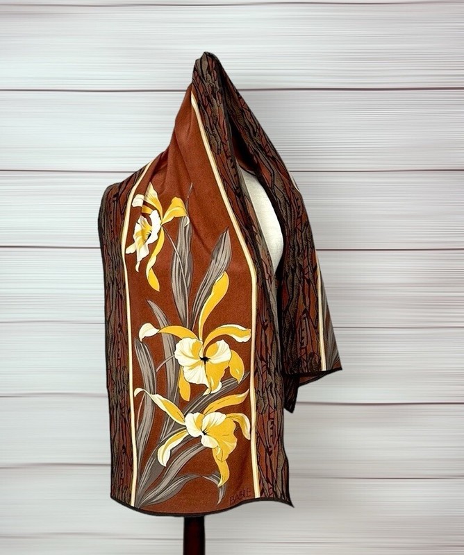 Basile Oblong Silk Scarf Brown Yellow Orchid Hand Rolled