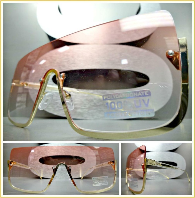 Oversized RETRO Modern Shield Style SUN GLASSES Large Gold Frame Pink Clear Lens