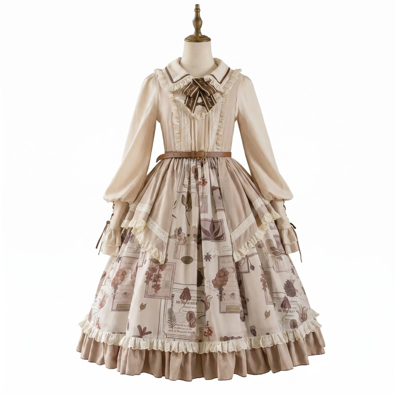 Women Lolita JSK Dress 3PCS Set Vintage Botanical Print Lace Ruffle Long Sleeve