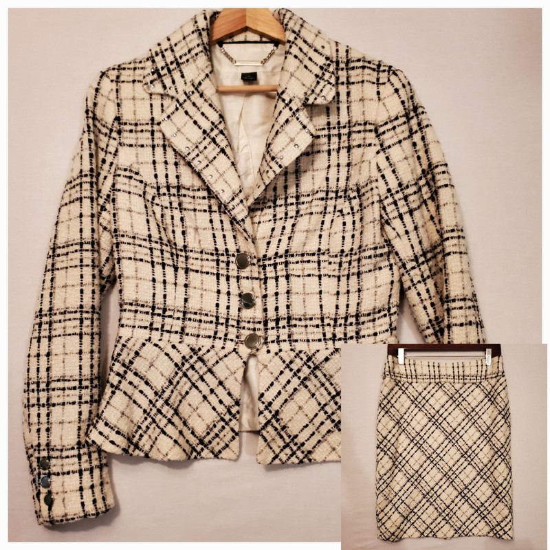 Y2K Tweed Suit Skirt Set Womens 10/12 Black White Plaid Business Office Clueless