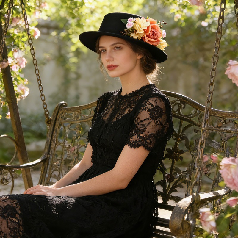 Womens Wide Brim Tea Party Hats Beach Sun Hat Flower Decor Flat-Topped Hat gallery