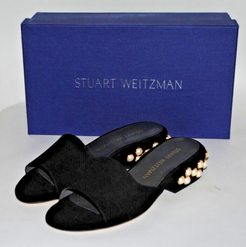 with box Stuart Weitzman Womens Girls Slide Pearl Black Suede Sandals Si G1N
