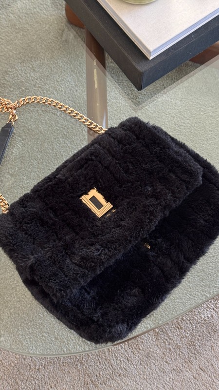 Karl Lagerfeld Paris Black Faux Fur Chain Shoulder Bag Gold Hardware Used
