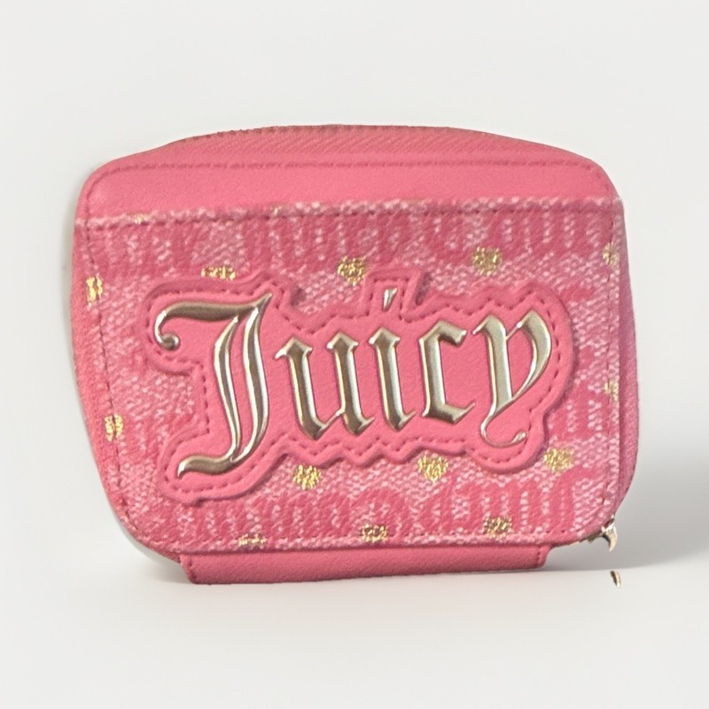 Juicy Couture Pink Zip-Around Wallet, Logo Pattern, Heart Charm, Card Slots
