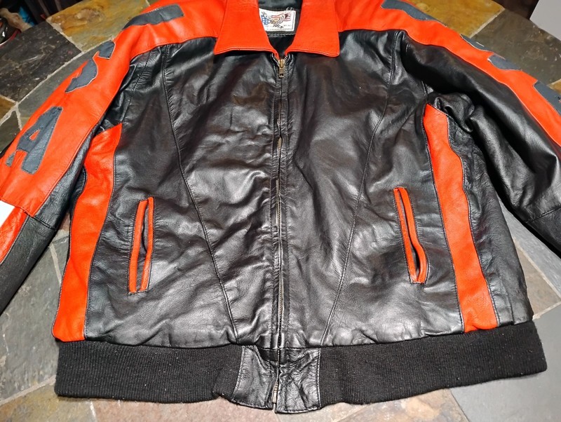 Vintage Leatherworks USA Flag Leather Riding Motorcycle Jacket Mens Med Red Blak gallery