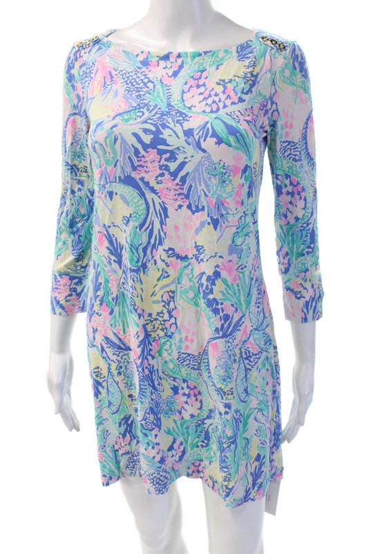 Lilly Pulitzer Women Blue Shift Dress 3/4 Sleeve Knee Length Size S