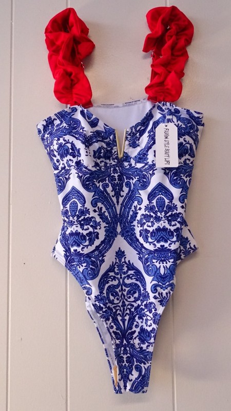 Sporlike One-Piece Swimsuit Medium Blue and white ornate baroque