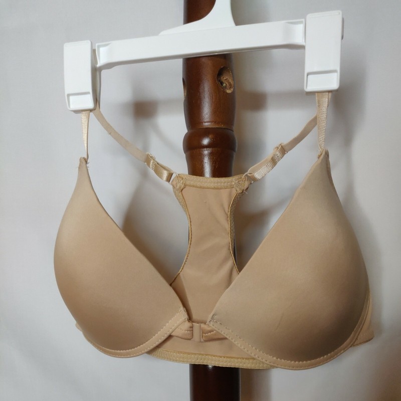 womens 38D racerback bra tan front closure padded underwire adj. strap