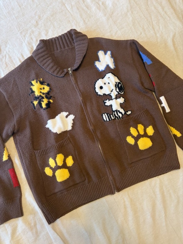 Vintage Peanuts Snoopy Woodstock Brown Knit Cardigan Sweater Full Zip Pockets L
