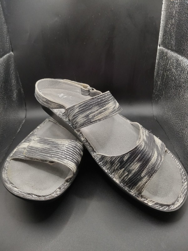 Sz 41 / 10 Alegria Verona Silver Black White Metallic Leather Comfort Sandals