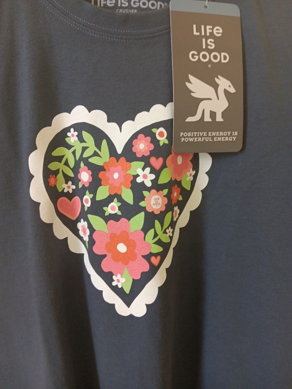 Life Is Good Womens Crusher T Shirt Size Small Blue Graphic Floral Heart NWT $9 gallery