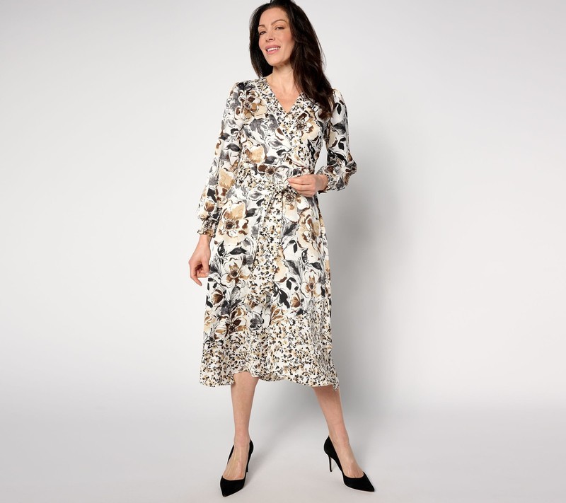 Isaac Mizrahi Live! Women’s Dress Sz 10 Floral Printed Faux Wrap White A634419