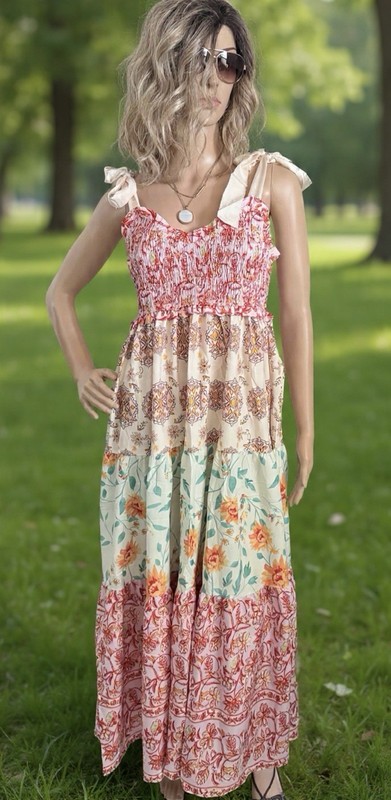 Unknown Factory Floral Bohemian Maxi Dress Tie Straps Sleeveless Multicolor Sz M