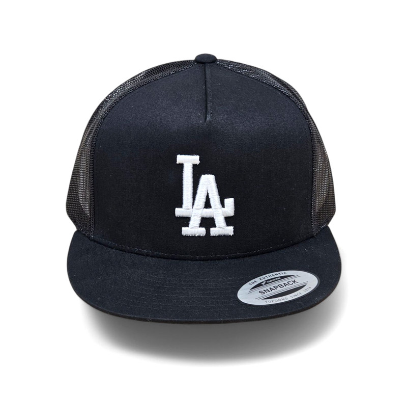3D LA WHITE Embroidered BLACK & BLACK Flat Bill Snapback Yupoong Trucker Hat NEW gallery