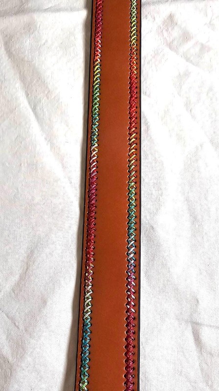 NWT Women's RELIC Bonded Leather Belt XL Rainbow Stitching Accent Brown Tan New gallery