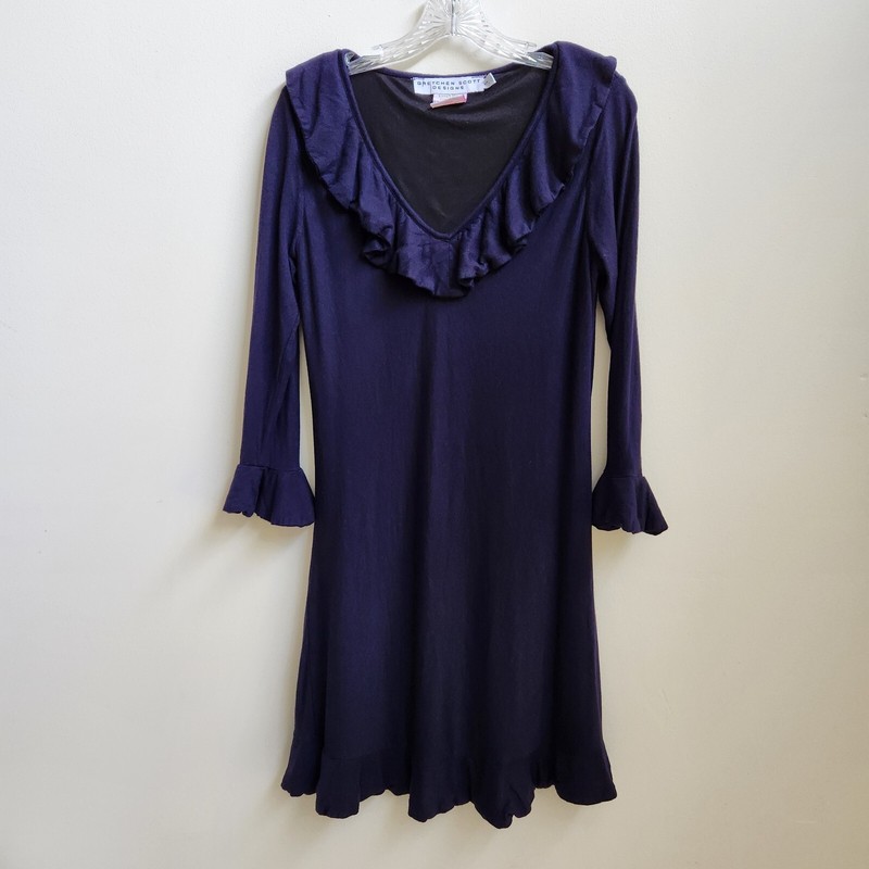 Gretchen Scott Ruffleneck Dress Women’s S Navy Minimalist Office Coastal Preppy