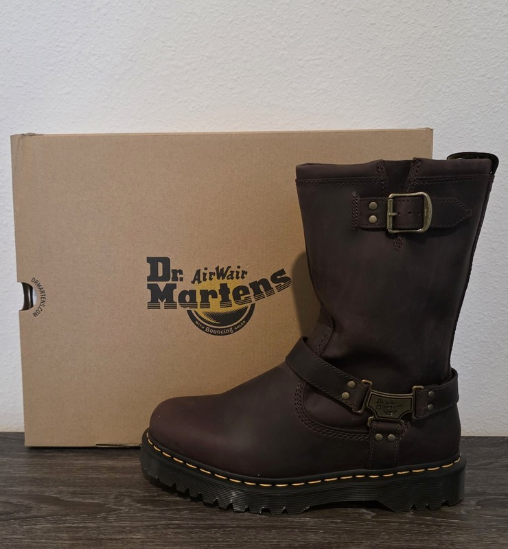 Dr. Martens Anistone Hi Harness Biker Boots Waxy Pull On – US 10M/11W