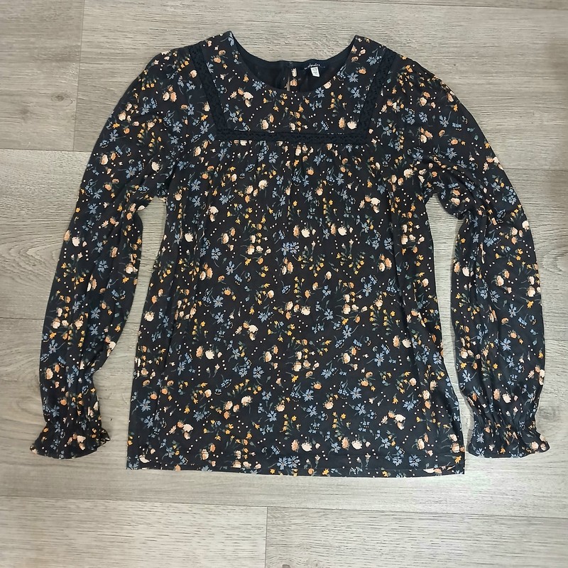 Joules BLOSSOM Black Ditsy Floral Blouse Top Lace Insert Boho UK 10 Cotton Blend
