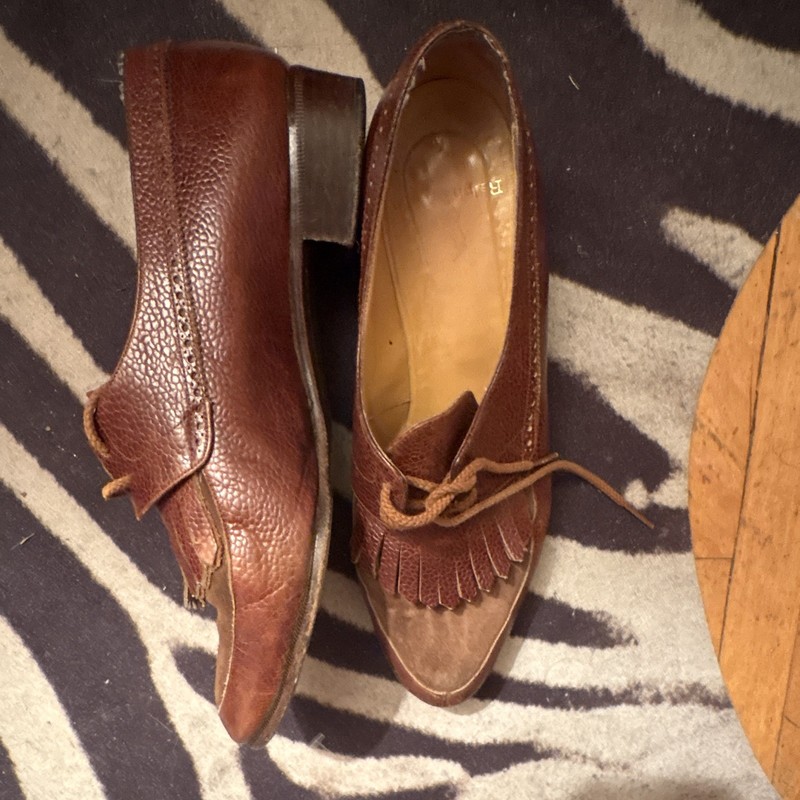 Ralph Lauren Brown Leather Lace-Up Fringe Oxford Pointed Toe Block Heel gallery