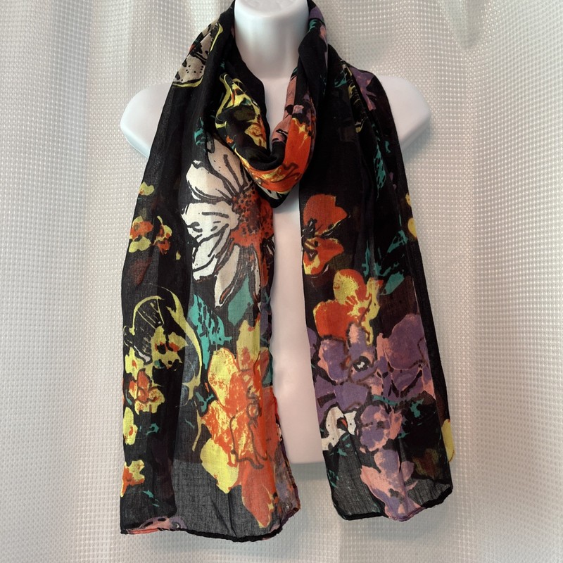 Floral Fashion Scarf Black Yellow Orange Green Rectangle 18×79