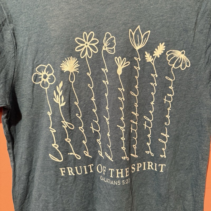 Love In Faith Womens TShirt S Small Blue Flowers Galatians 5:22 Religious Tee gallery