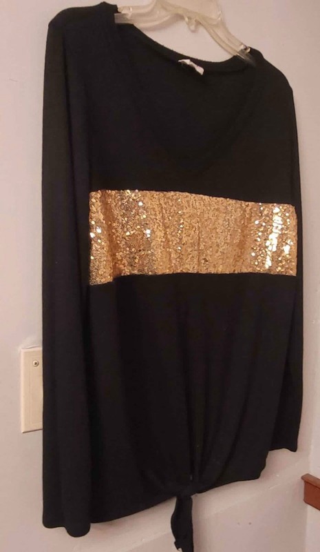 Bibi Thin Lightweight Black Sweater Gold Sequins Color Block Tied Waist size M gallery